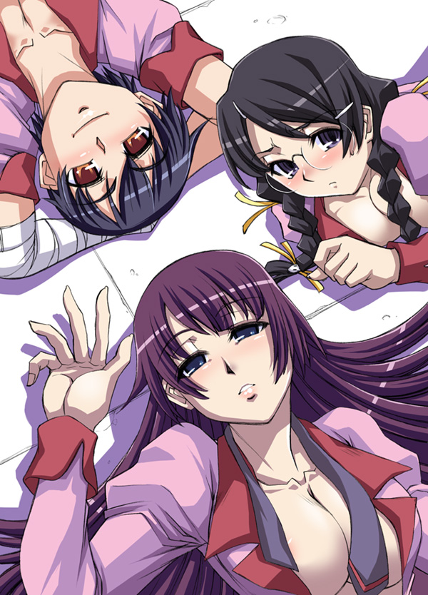 senjougahara hitagi, hanekawa tsubasa, and kanbaru suruga (monogatari and 2 more) drawn by b-river