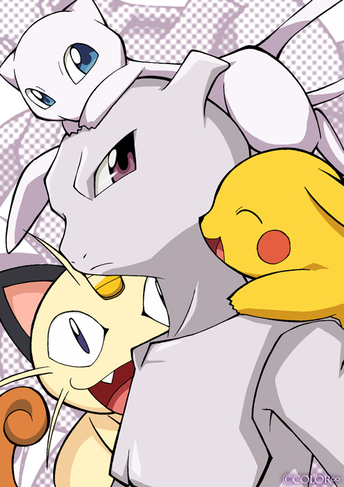 pikachu, meowth, mew, and mewtwo (pokemon) drawn by xruka