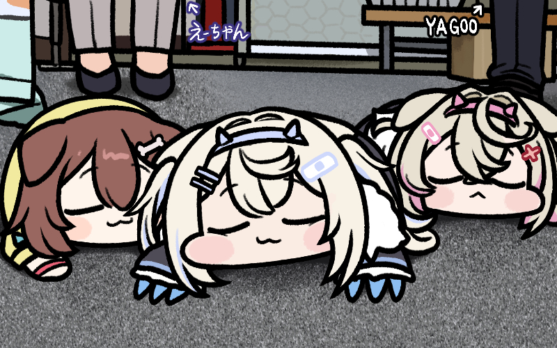 inugami korone, fuwawa abyssgard, mococo abyssgard, a-chan, and yagoo (hololive and 1 more) drawn by jazz_jack