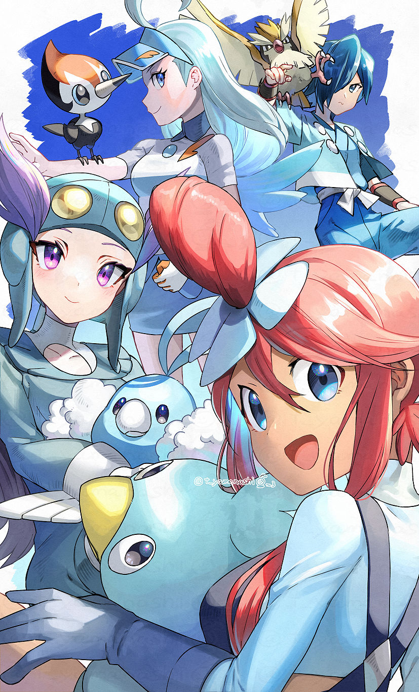skyla, swablu, pidgey, falkner, kahili, and 3 more (pokemon and 4 more) drawn by yamanashi_taiki