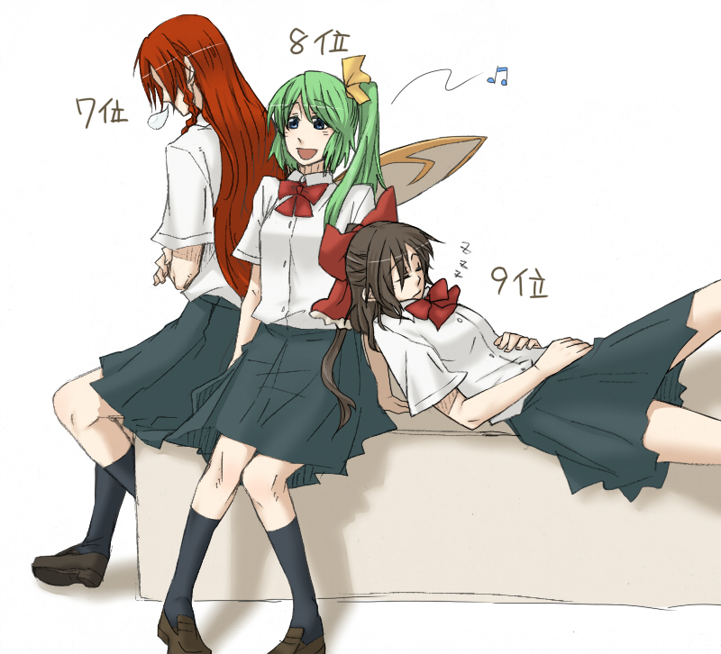 hakurei reimu, hong meiling, and daiyousei (touhou) drawn by torinone