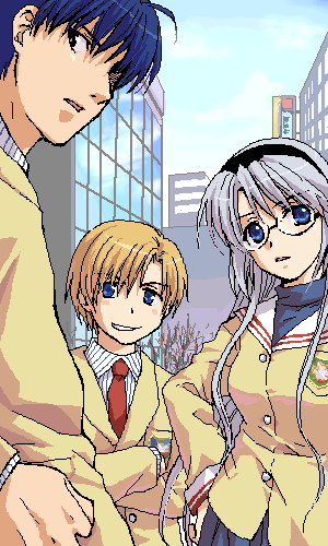 sakagami tomoyo, okazaki tomoya, and sunohara youhei (clannad) drawn by misaki_juri
