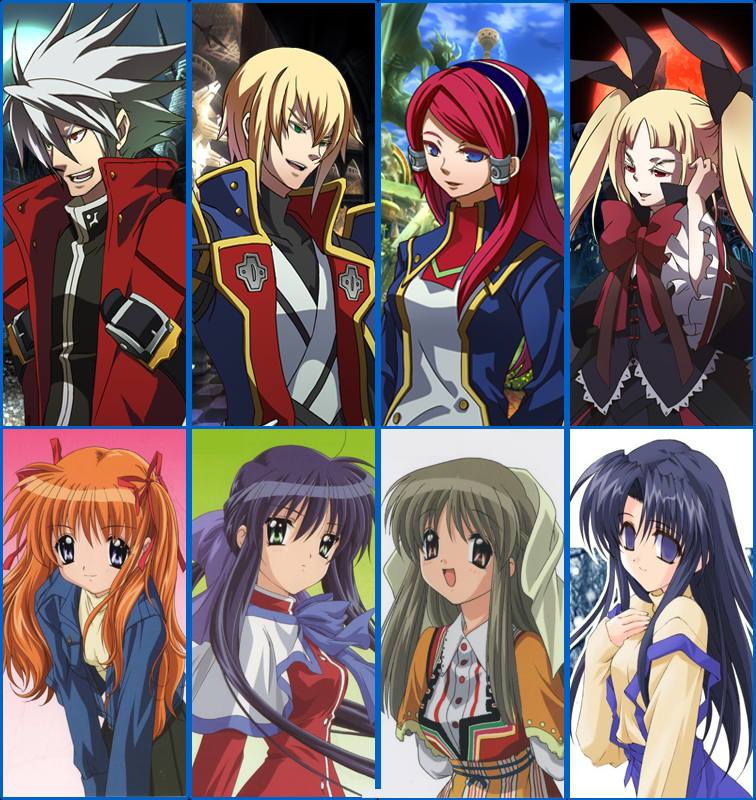ragna the bloodedge, rachel alucard, jin kisaragi, tsubaki yayoi, sawatari makoto, and 3 more (blazblue and 3 more) drawn by eien_no_kurayami