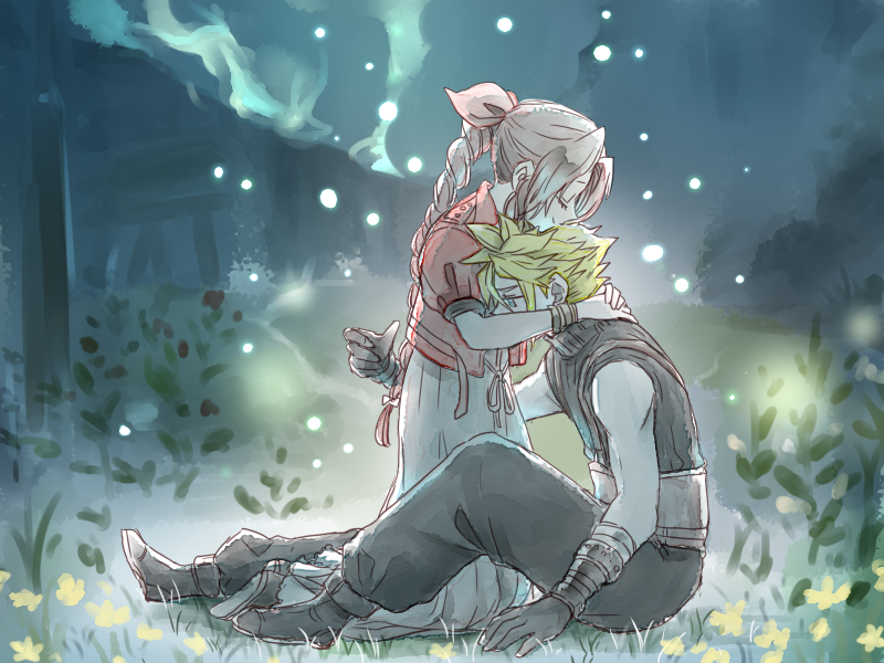 cloud strife and aerith gainsborough (final fantasy and 2 more) drawn by gamesuzume