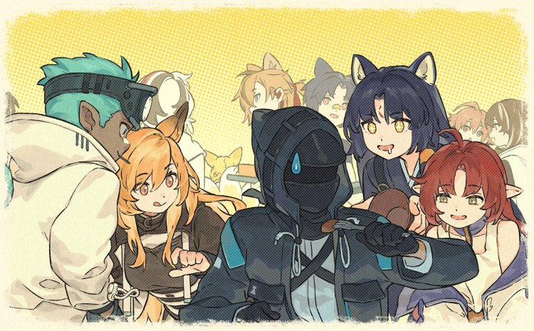 doctor, suzuran, ceobe, saga, myrtle, and 5 more (arknights) drawn by favilia