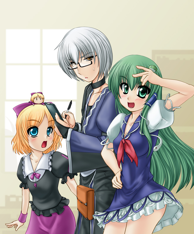 kochiya sanae, kamishirasawa keine, morichika rinnosuke, medicine melancholy, and su-san (touhou) drawn by kirihane