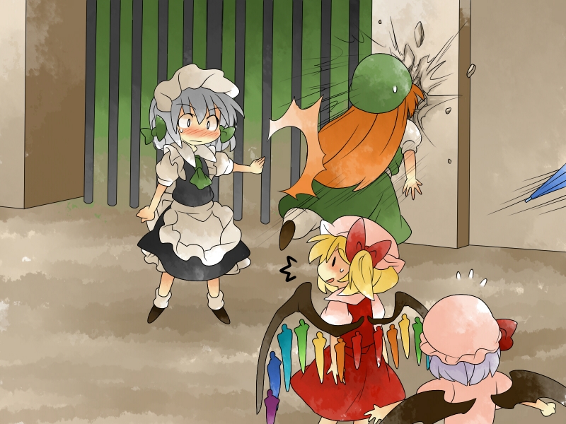 remilia scarlet, flandre scarlet, izayoi sakuya, and hong meiling (touhou) drawn by hammer_(sunset_beach)