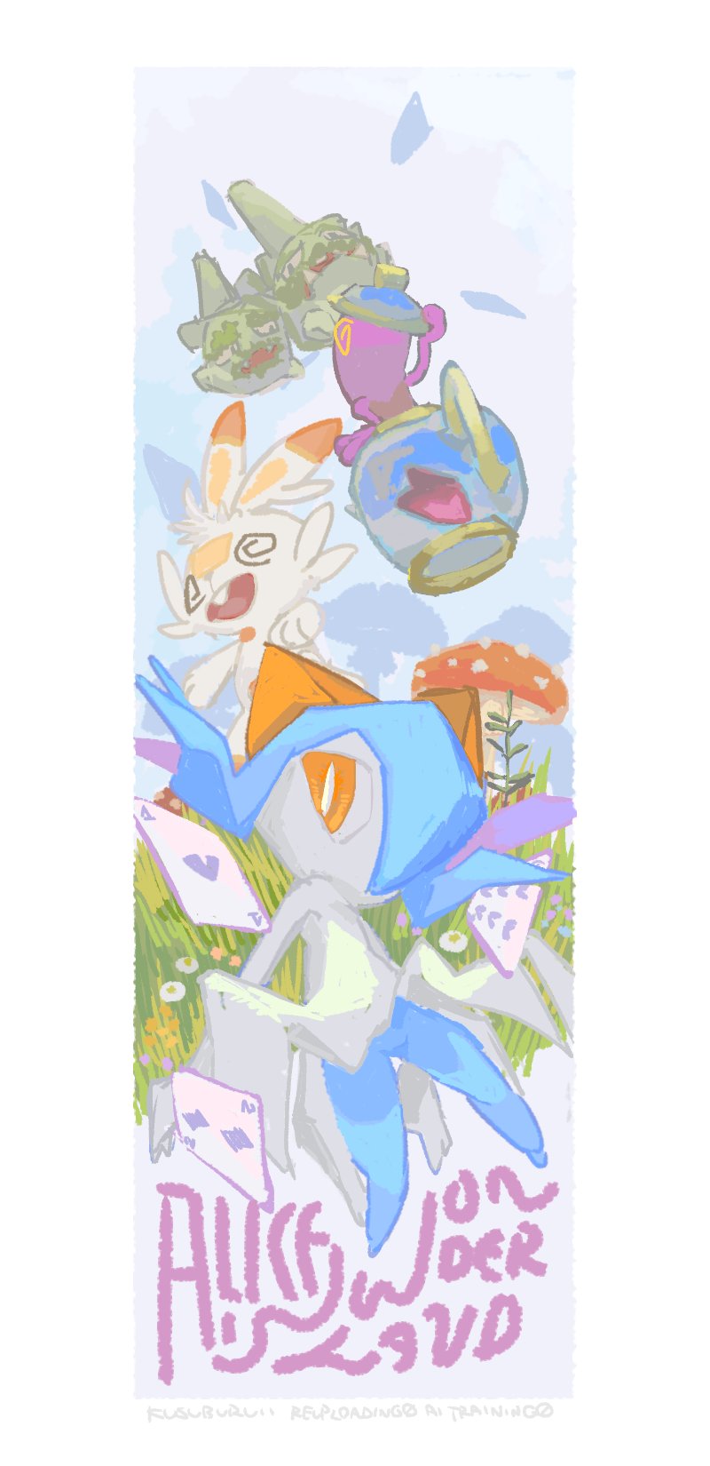 kirlia, scorbunny, polteageist, and galarian weezing (pokemon and 1 more) drawn by kusuburu11