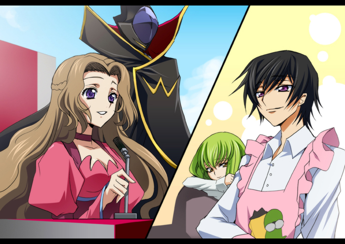 c.c., lelouch vi britannia, kururugi suzaku, nunnally vi britannia, zero, and 1 more (code geass and 1 more) drawn by creayus