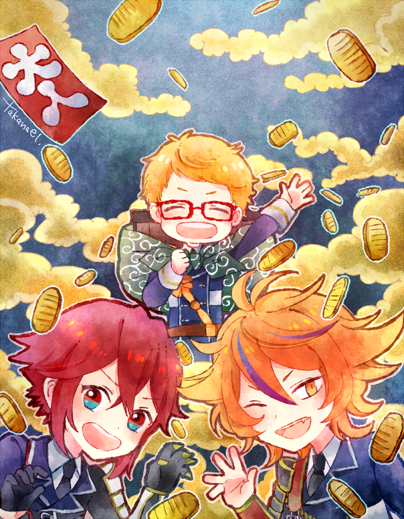 gotou toushirou, hakata toushirou, and shinano toushirou (touken ranbu) drawn by takanamushi