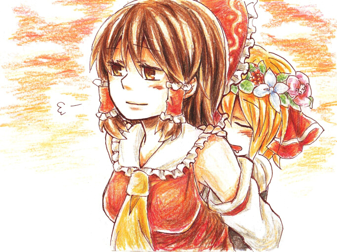 hakurei reimu and rumia (touhou and 2 more) drawn by iwai