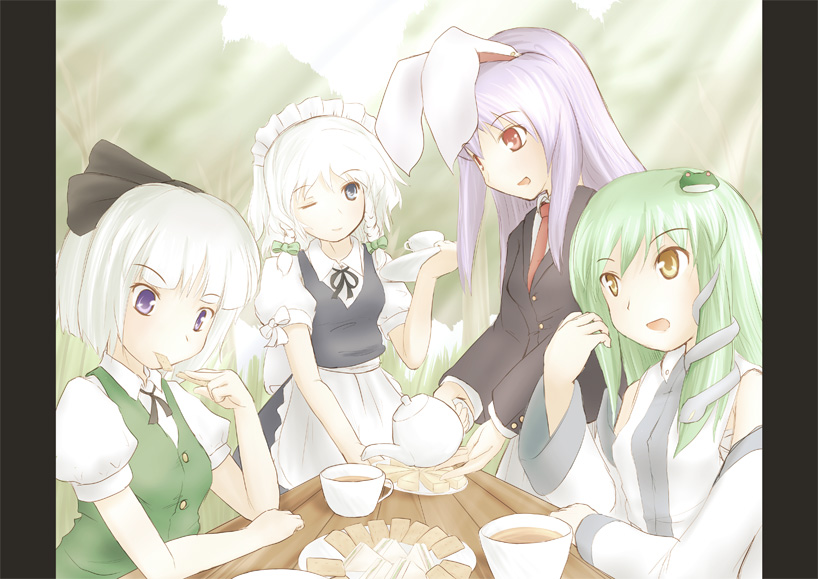 izayoi sakuya, kochiya sanae, konpaku youmu, and reisen udongein inaba (touhou) drawn by kou_(haijindeath)