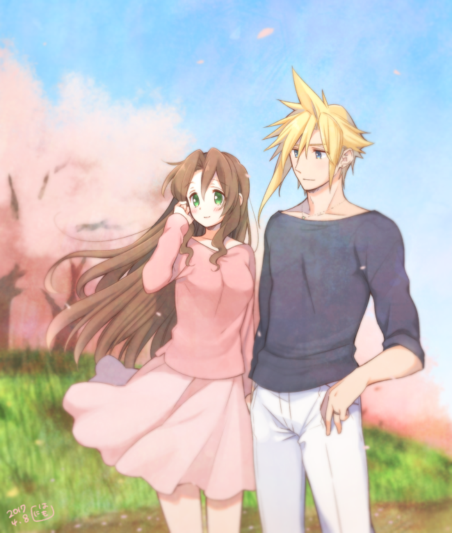cloud strife and aerith gainsborough (final fantasy and 1 more) drawn by krudears