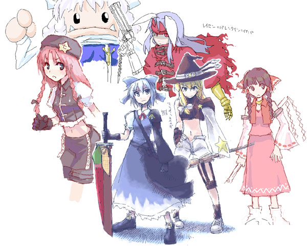 hakurei reimu, kirisame marisa, cirno, reisen udongein inaba, hong meiling, and 1 more (touhou and 4 more) drawn by hikawa_shou and ushiki_yoshitaka