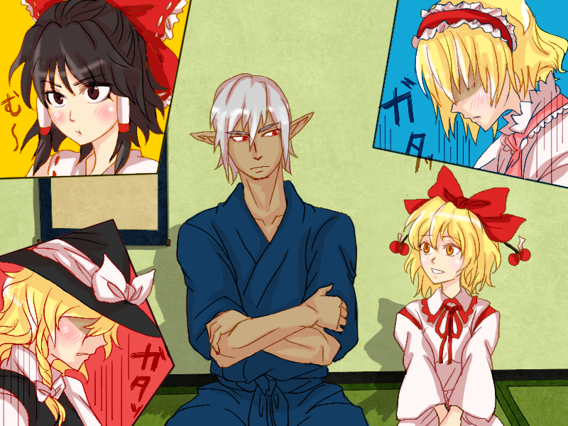 hakurei reimu, kirisame marisa, alice margatroid, buront, and satsuki rin (touhou and 3 more) drawn by maruman