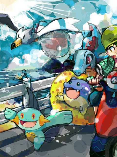 brendan, totodile, lapras, wingull, spheal, and 1 more (pokemon and 1 more) drawn by urouro
