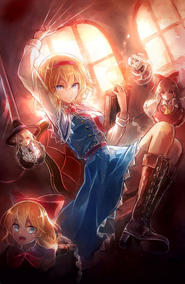 hakurei reimu, kirisame marisa, alice margatroid, shanghai doll, and shinki (touhou) drawn by 60mai