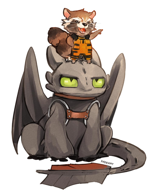 rocket raccoon and toothless (marvel and 3 more) drawn by kadeart