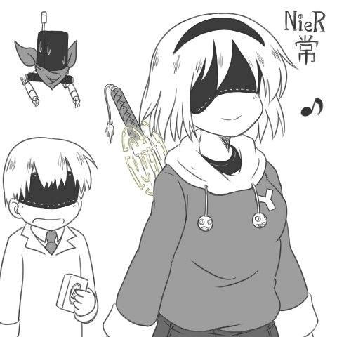 2b, 9s, pod, shinonome nano, professor shinonome, and 1 more (nier and 2 more) drawn by gaketsu