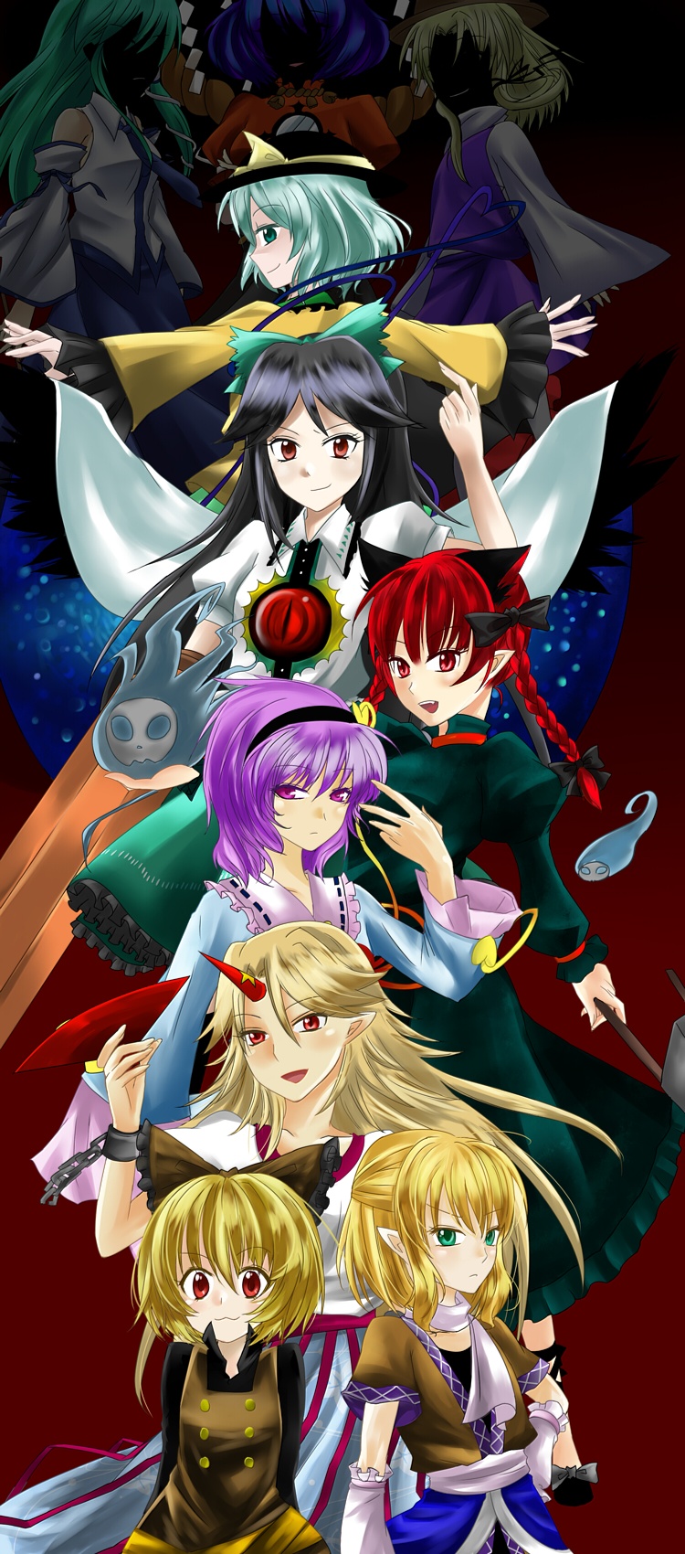 kochiya sanae, komeiji koishi, komeiji satori, kaenbyou rin, moriya suwako, and 5 more (touhou and 1 more) drawn by mochi_(fm-rs)