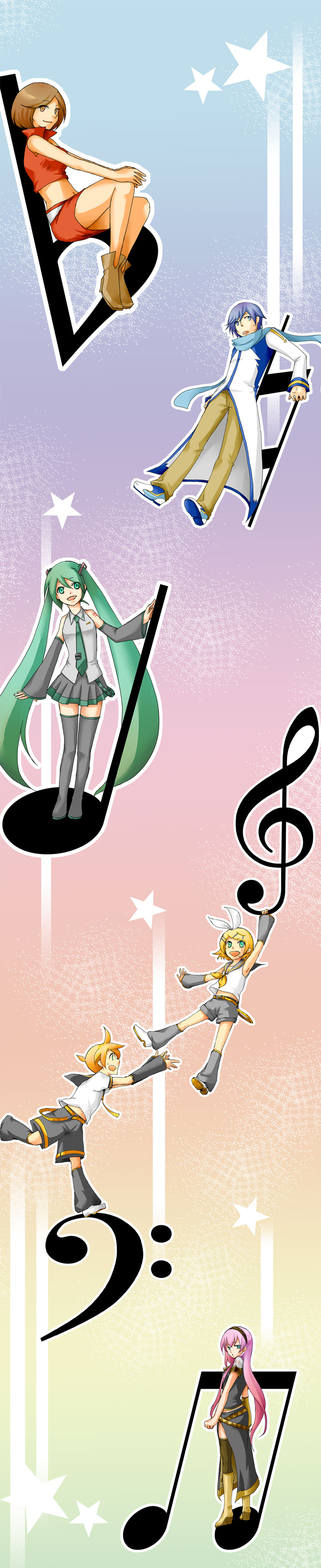 hatsune miku, kagamine rin, kagamine len, megurine luka, kaito, and 1 more (vocaloid) drawn by ichiya_(kimini_meromero!)