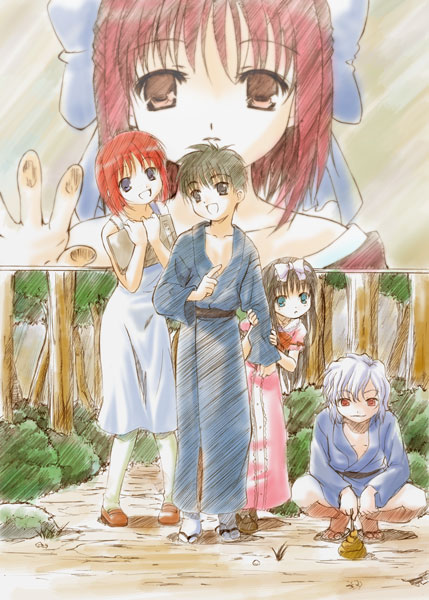 tohno akiha, kohaku, tohno shiki, hisui, and nanaya shiki (tsukihime) drawn by q-gaku