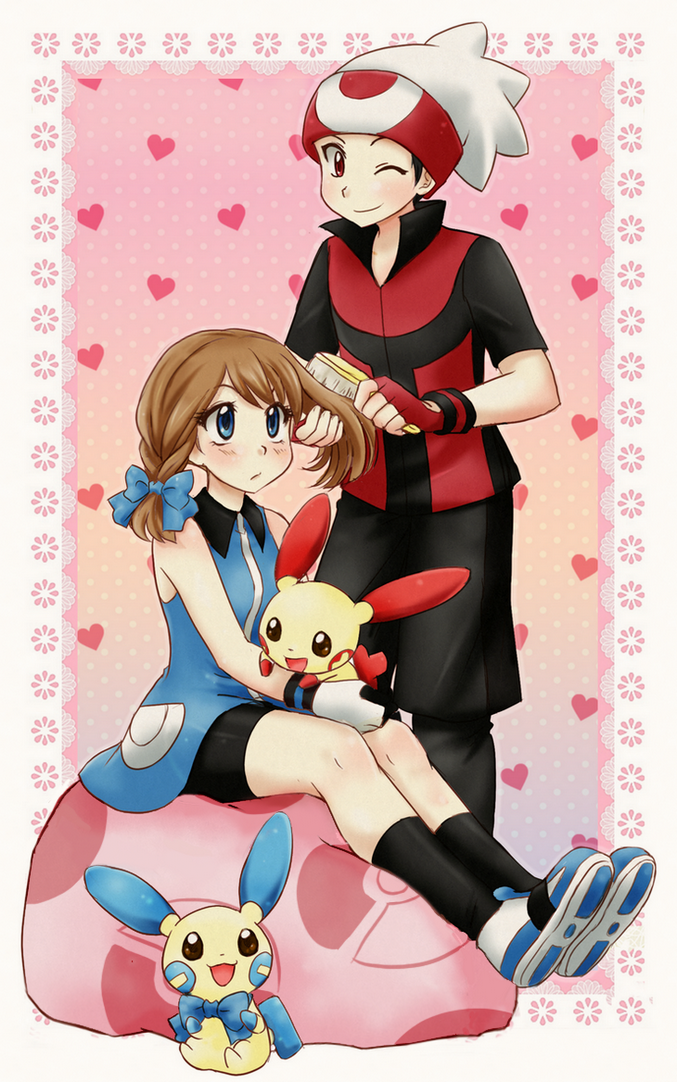 may, brendan, minun, and plusle (pokemon and 1 more) drawn by chikorita85