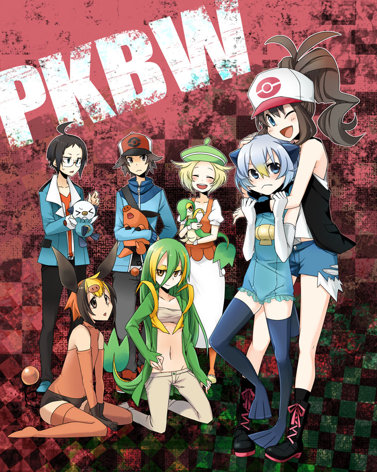 hilda, hilbert, oshawott, snivy, bianca, and 2 more (pokemon and 1 more) drawn by kaida_michi