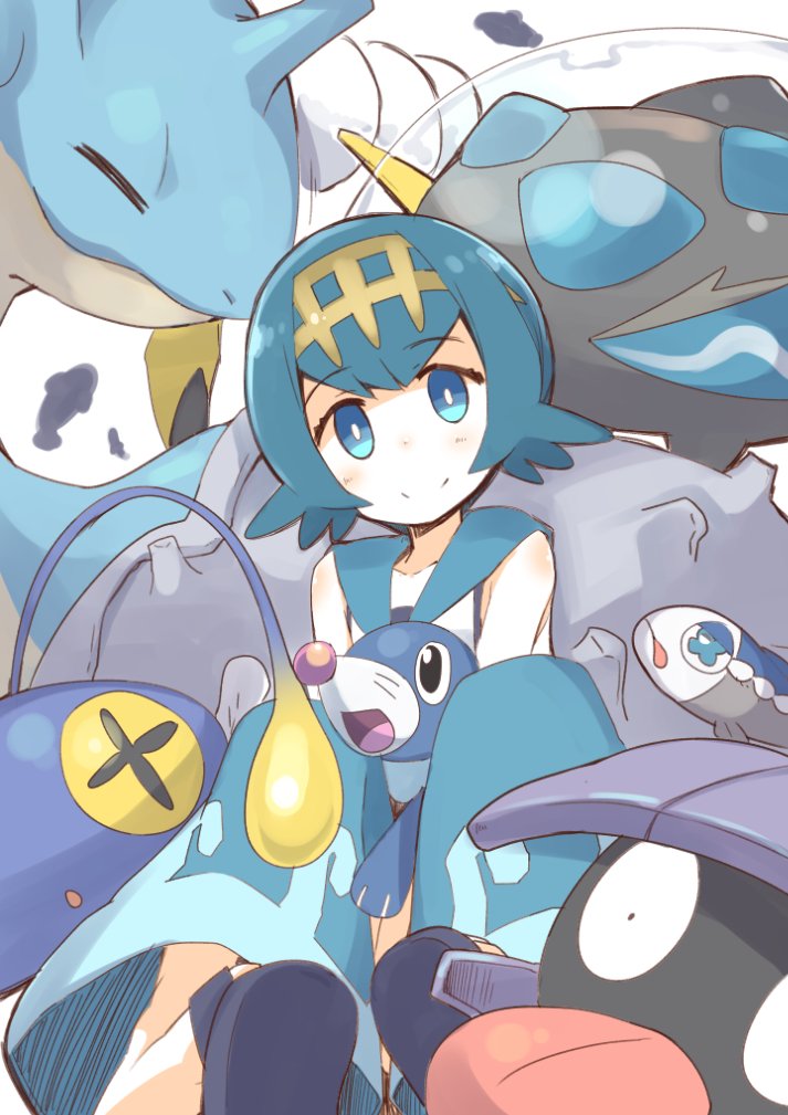 lana, popplio, lapras, wishiwashi, chinchou, and 2 more (pokemon and 1 more) drawn by nanateru