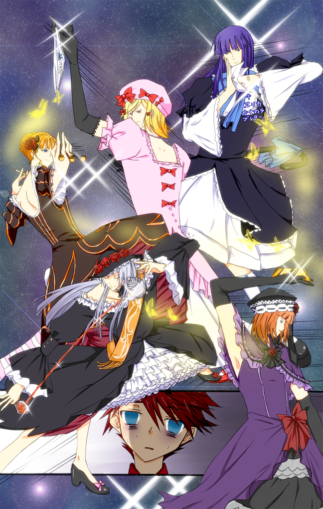 beatrice, ushiromiya battler, frederica bernkastel, lambdadelta, eva beatrice, and 1 more (umineko no naku koro ni and 1 more) drawn by puririririn