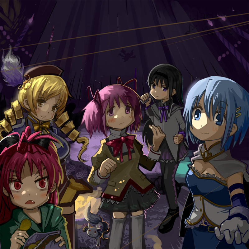 akemi homura, kaname madoka, miki sayaka, sakura kyoko, tomoe mami, and 1 more (mahou shoujo madoka magica) drawn by maku_(wasabishock)
