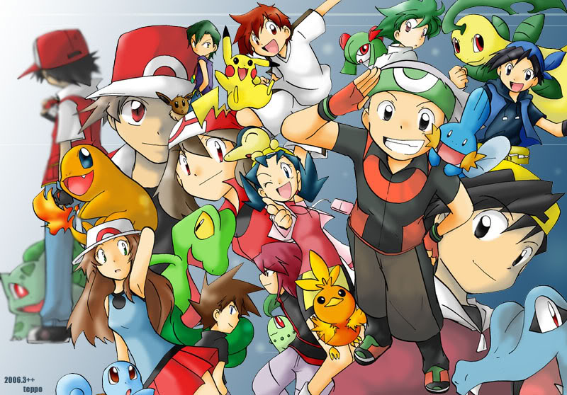 pikachu, may, red, eevee, ethan, and 17 more (pokemon and 4 more) drawn by teppo