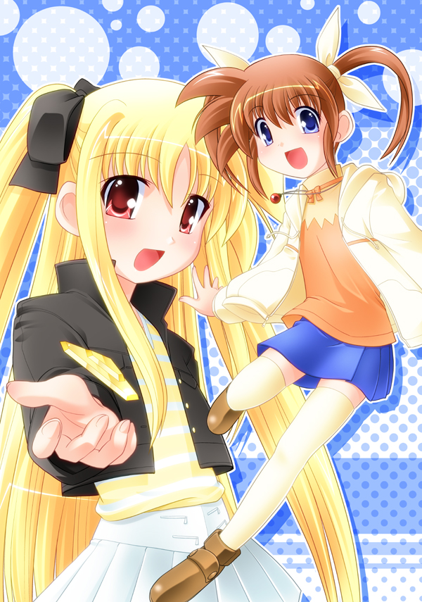 fate testarossa, takamachi nanoha, raising heart, and bardiche (lyrical nanoha and 2 more) drawn by sumeragi_kou