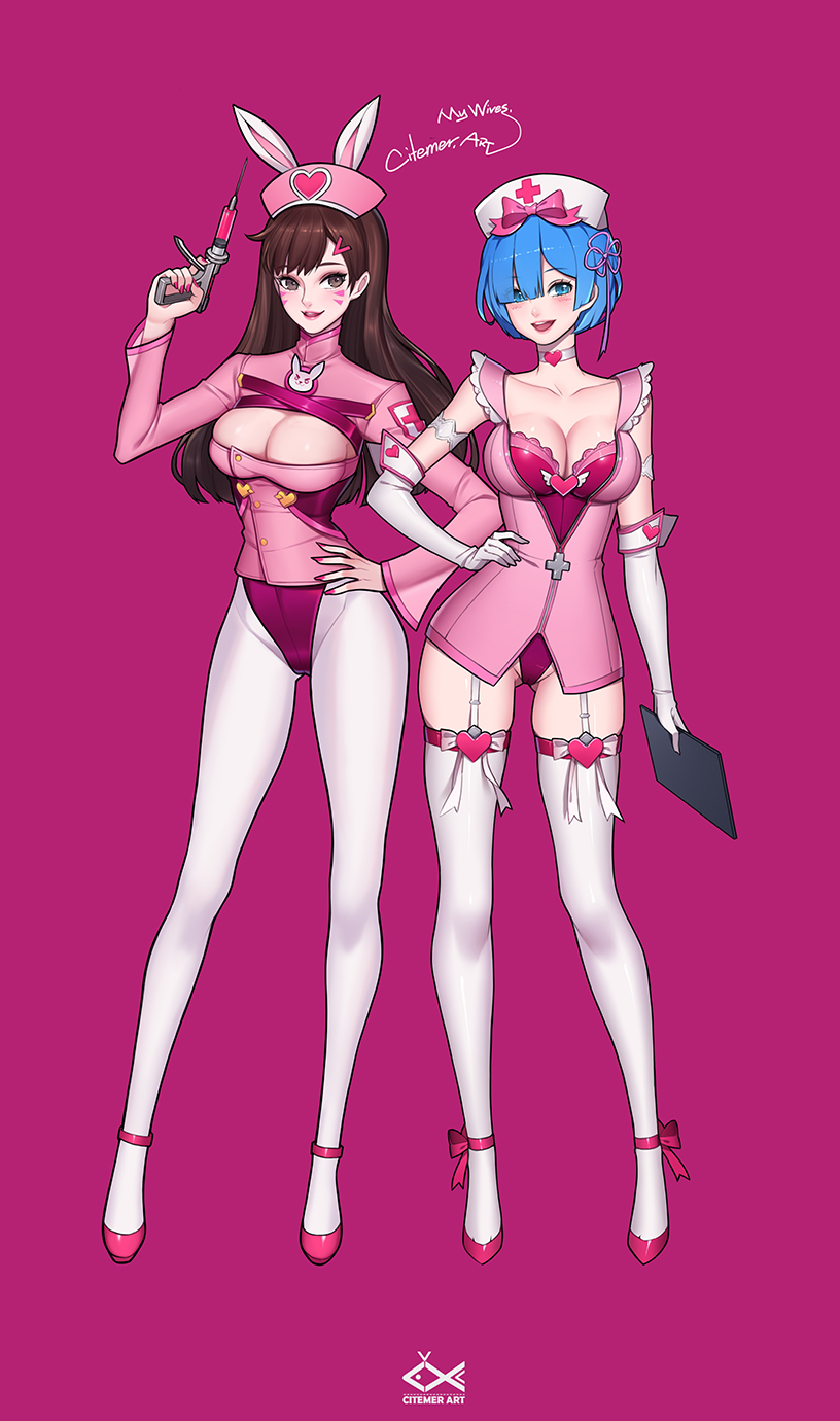 rem and d.va (re:zero kara hajimeru isekai seikatsu and 2 more) drawn by citemer