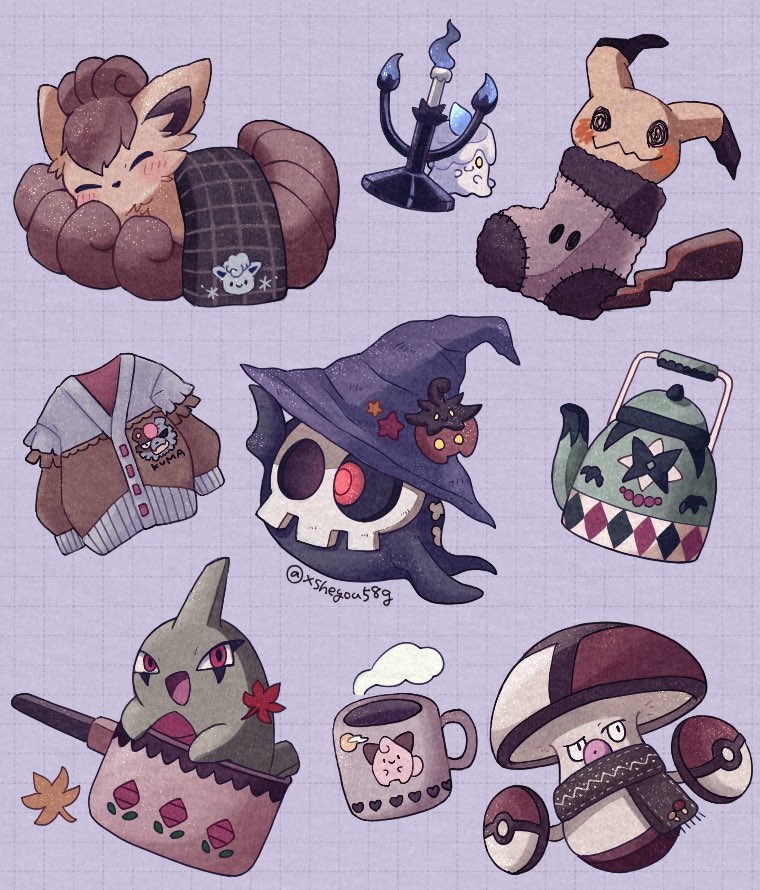 mimikyu, litwick, alolan vulpix, vulpix, pumpkaboo, and 5 more (pokemon) drawn by mochopaccho
