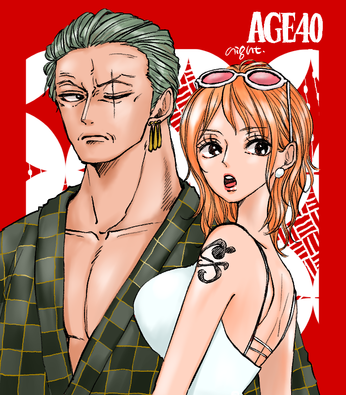nami and roronoa zoro (one piece) drawn by night_yoru