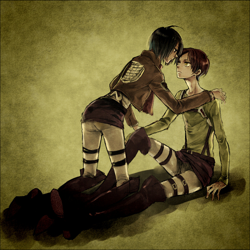 mikasa ackerman and eren yeager (shingeki no kyojin) drawn by takanamushi