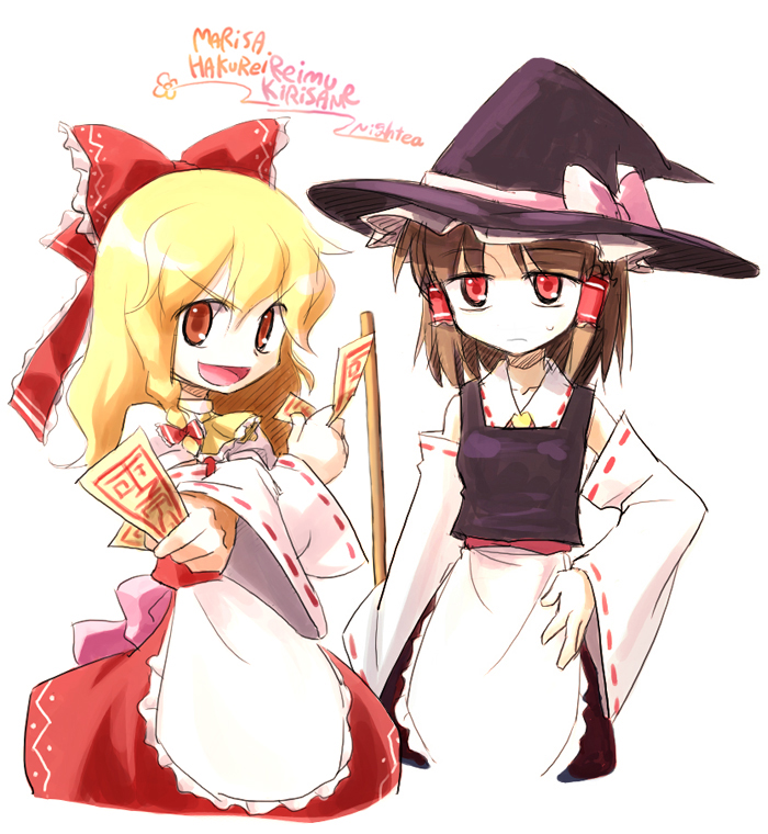 hakurei reimu and kirisame marisa (touhou) drawn by nightea