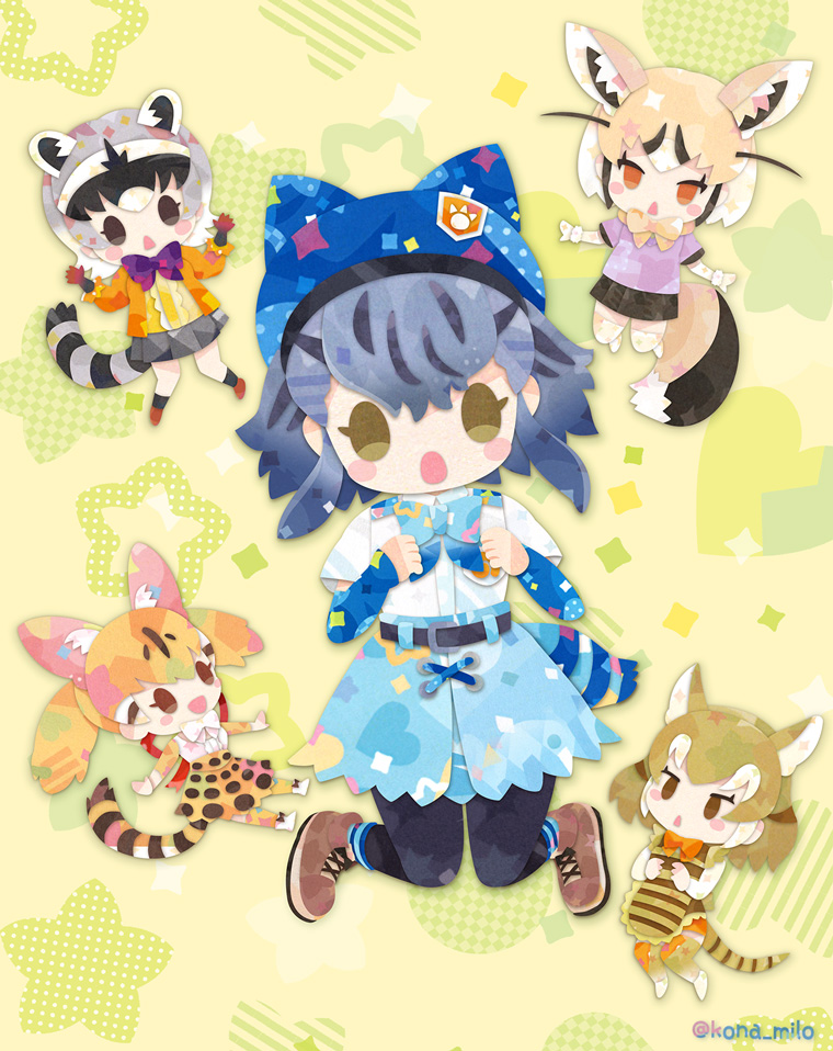 large-spotted genet, hikari, rueppell's fox, thylacine, and crab-eating raccoon (kemono friends and 1 more) drawn by kikuchi_milo