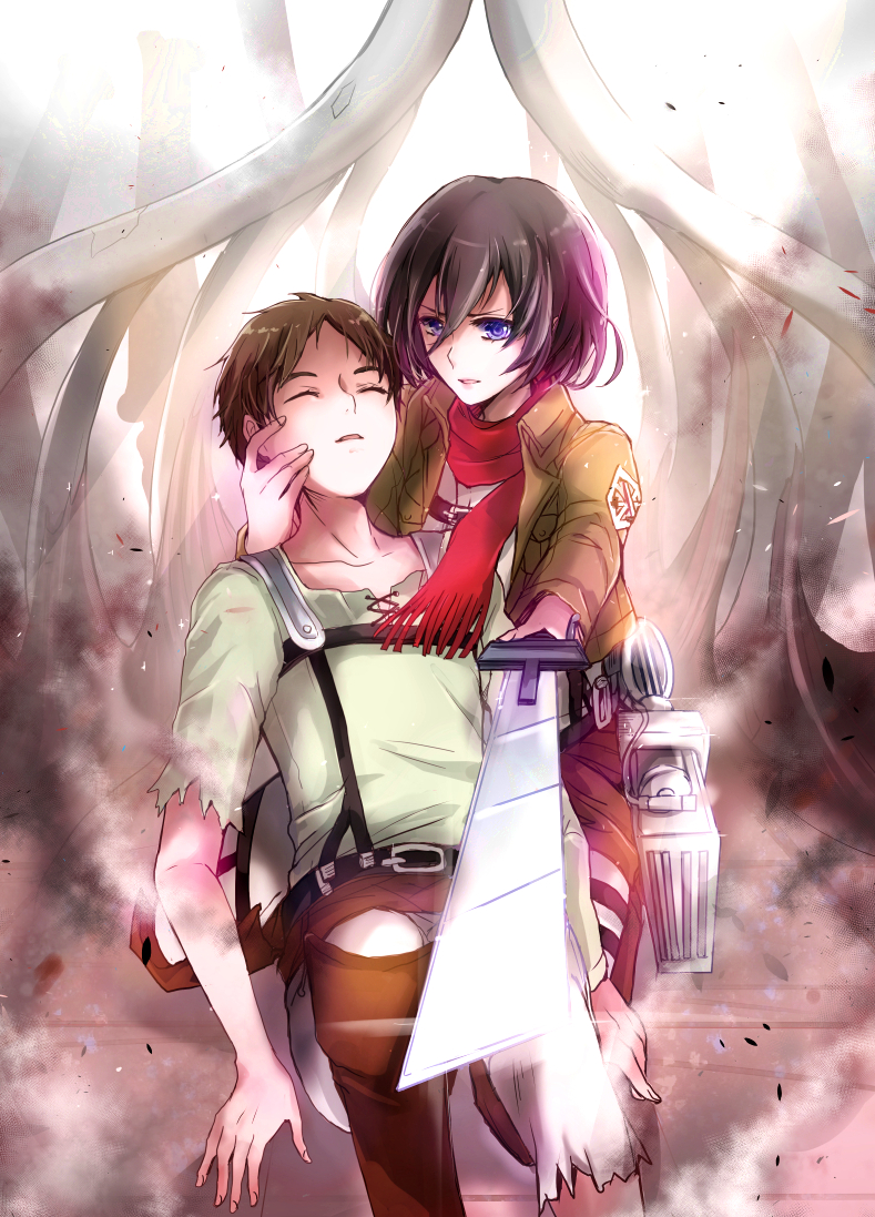 mikasa ackerman and eren yeager (shingeki no kyojin) drawn by feb0019