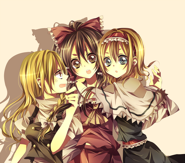 hakurei reimu, kirisame marisa, and alice margatroid (touhou) drawn by tsukioka_tsukiho