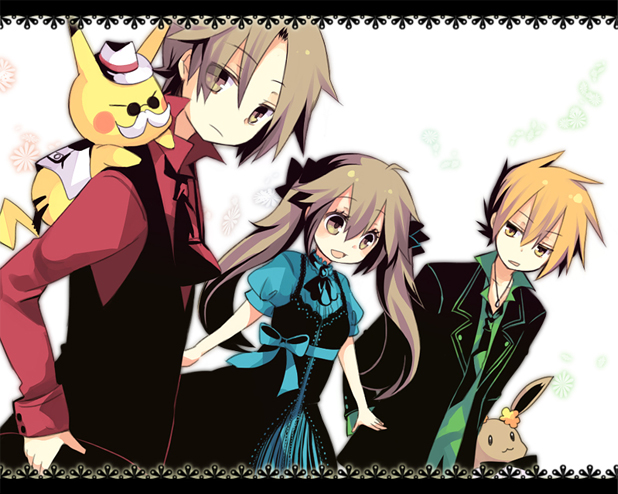 pikachu, red, eevee, blue oak, leaf, and 1 more (pokemon and 2 more) drawn by aruya_(flosrota)