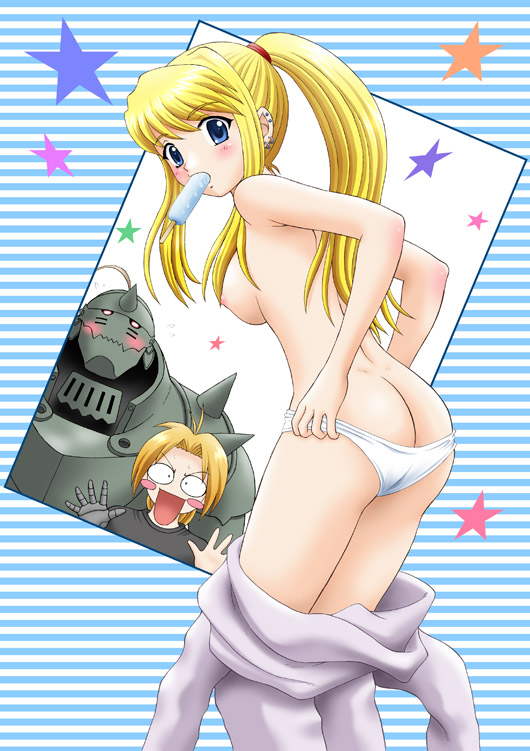 edward elric, alphonse elric, and winry rockbell (fullmetal alchemist) drawn by yasu_rintarou