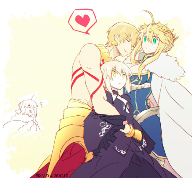 artoria pendragon, saber, gilgamesh, and saber alter (fate and 1 more) drawn by ankai_(rappelzankai)