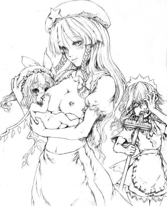 flandre scarlet, izayoi sakuya, and hong meiling (touhou) drawn by katzeh