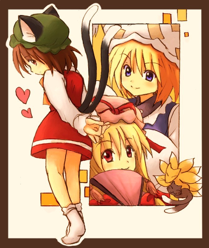 yakumo yukari, yakumo ran, and chen (touhou) drawn by eijima_moko