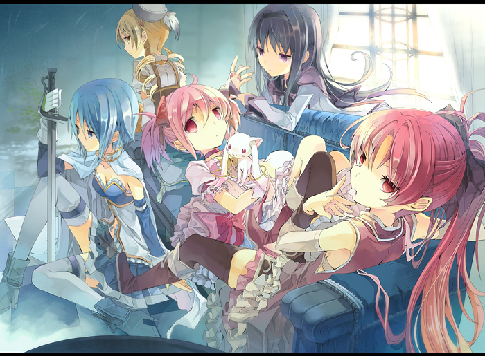 akemi homura, kaname madoka, miki sayaka, sakura kyoko, tomoe mami, and 1 more (mahou shoujo madoka magica) drawn by fruit_punch