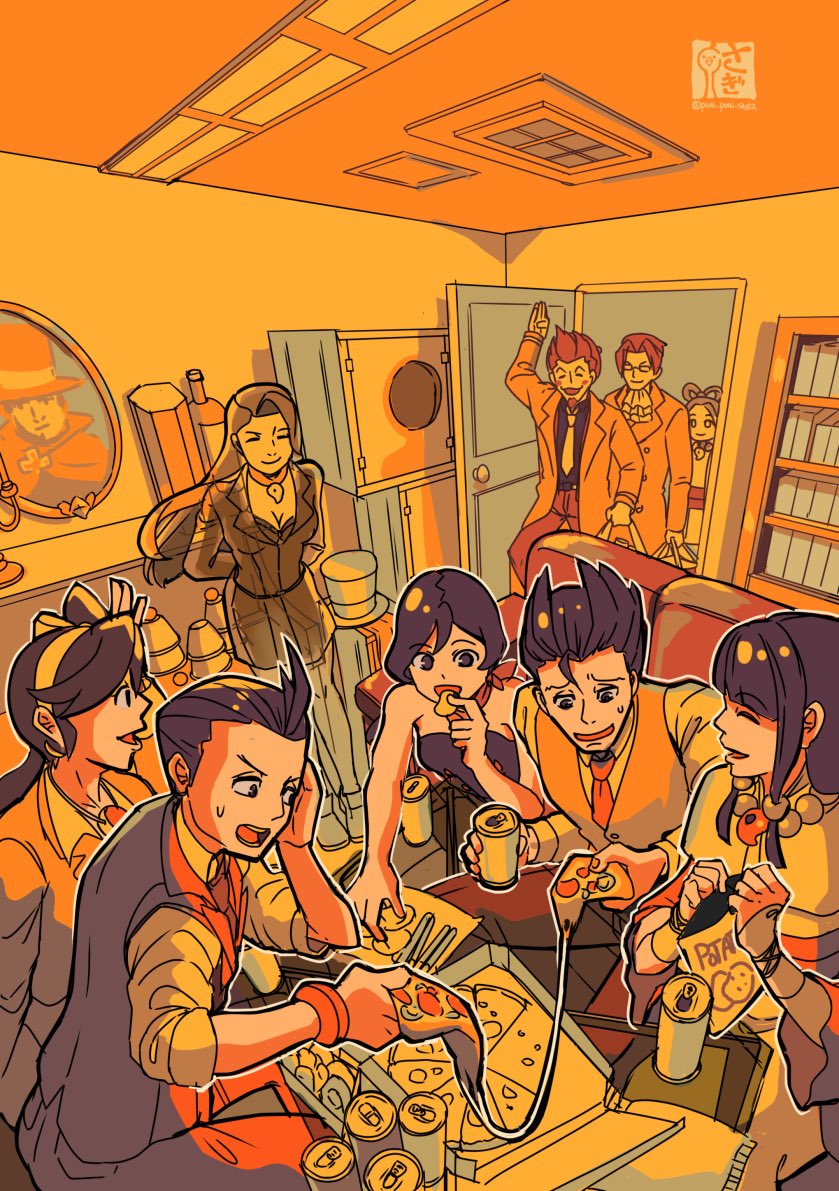 phoenix wright, miles edgeworth, maya fey, apollo justice, trucy wright, and 4 more (ace attorney) drawn by saginoko