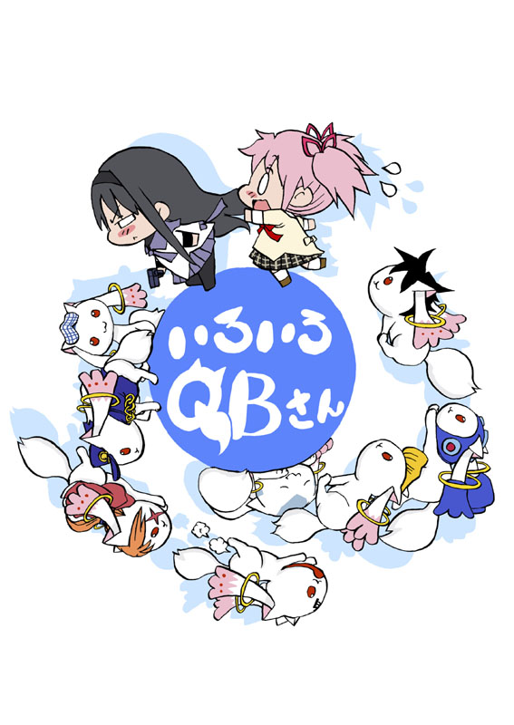akemi homura, kaname madoka, kyubey, kujo jotaro, kujo jolyne, and 2 more (mahou shoujo madoka magica and 3 more) drawn by baku_taso