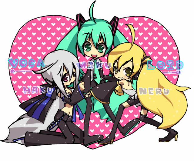 hatsune miku, yowane haku, and akita neru (vocaloid) drawn by suroo_(pixiv_641932)